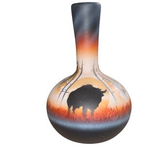 Native American Style Bison Sunset Vase Hand Painted Pottery Art Decor